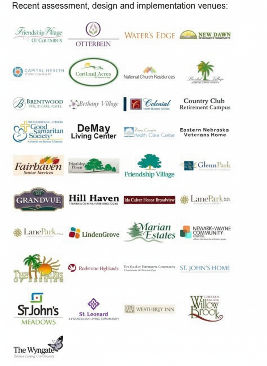 Client and community organization logos for Optimum Solutions assessment, design, and implementation venues