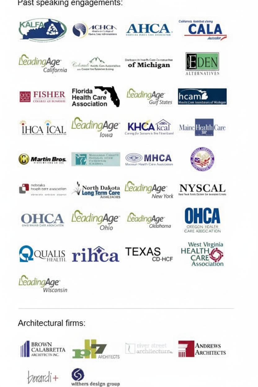 Association, care organization, and architectural firm logos for Optimum Solutions speaking engagements and partnerships